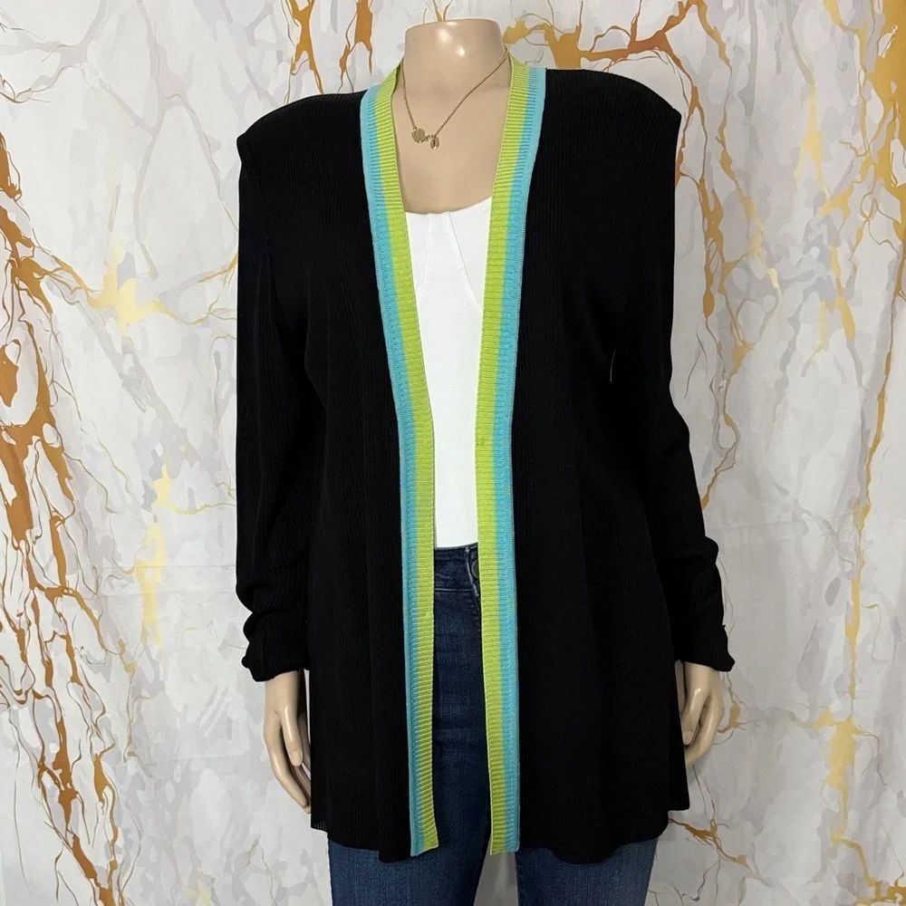 * Misook Black Cardigan with Green and Blue Accents